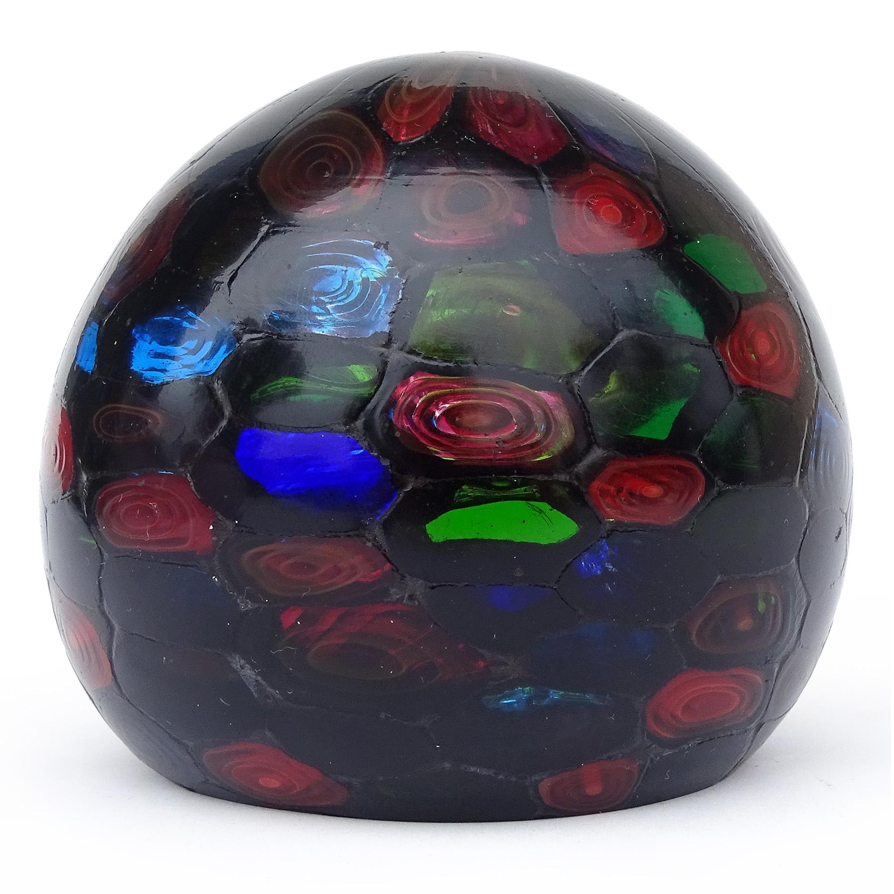 Mid-Century Modern Fratelli Toso Murano Black Bullseye Murrine Italian Art Glass Paperweight For Sale