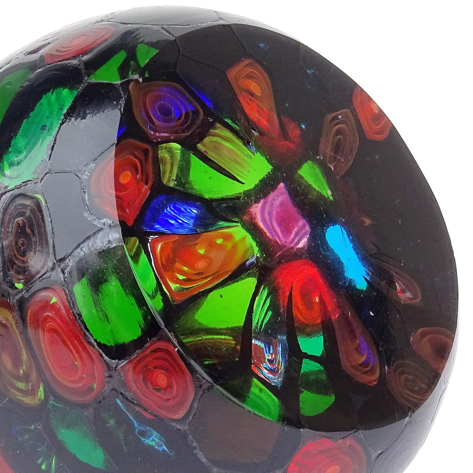 Fratelli Toso Murano Black Bullseye Murrine Italian Art Glass Paperweight For Sale 3