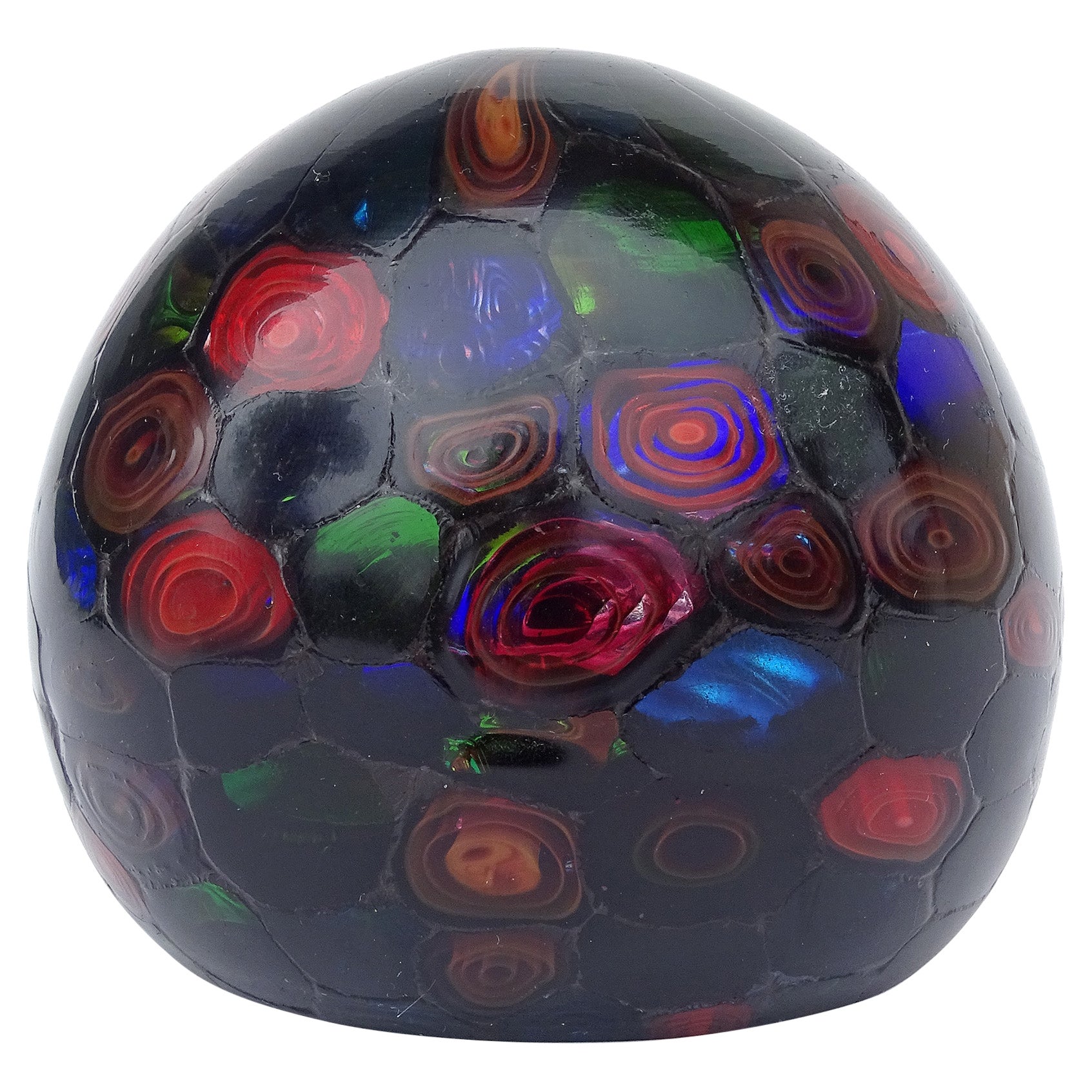 Fratelli Toso Murano Black Bullseye Murrine Italian Art Glass Paperweight