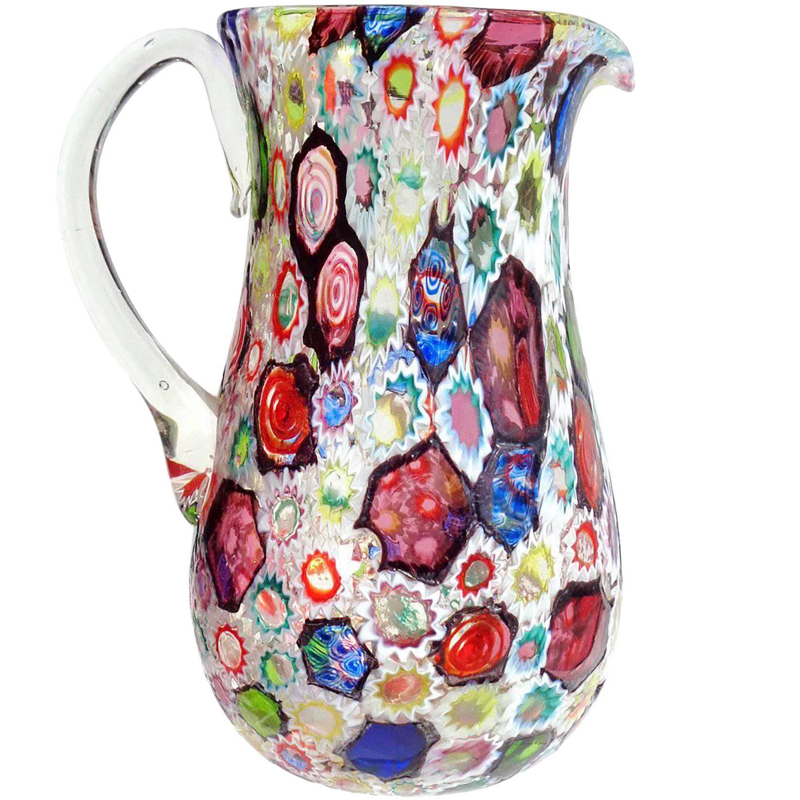Fratelli Toso Murano Black Millefiori Flower Mosaic Italian Art Glass Pitcher In Good Condition In Kissimmee, FL