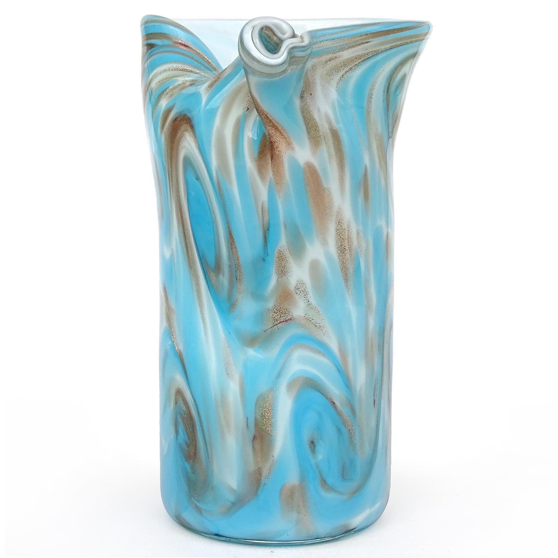 Beautiful vintage Murano hand blown, sky blue and copper aventurine fleck swirls over white Italian art glass flower vase. The vase is documented to the Fratelli Toso company, in the 
