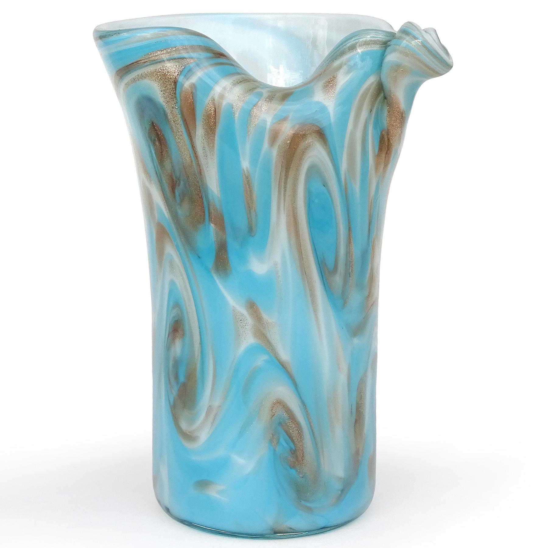 Mid-Century Modern Fratelli Toso Murano Blue Aventurine Swirl Clouds Italian Art Glass Flower Vase For Sale