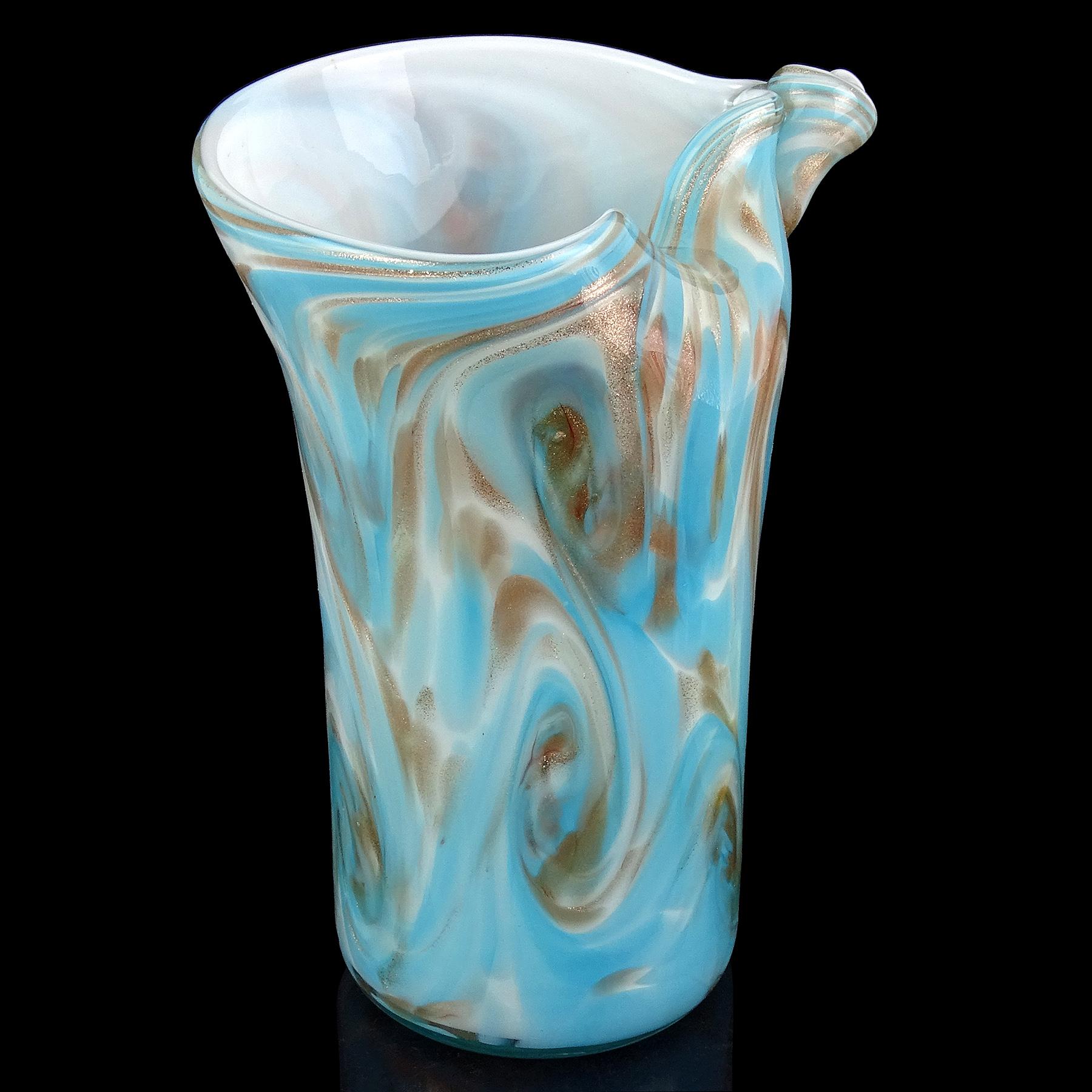 Hand-Crafted Fratelli Toso Murano Blue Aventurine Swirl Clouds Italian Art Glass Flower Vase For Sale