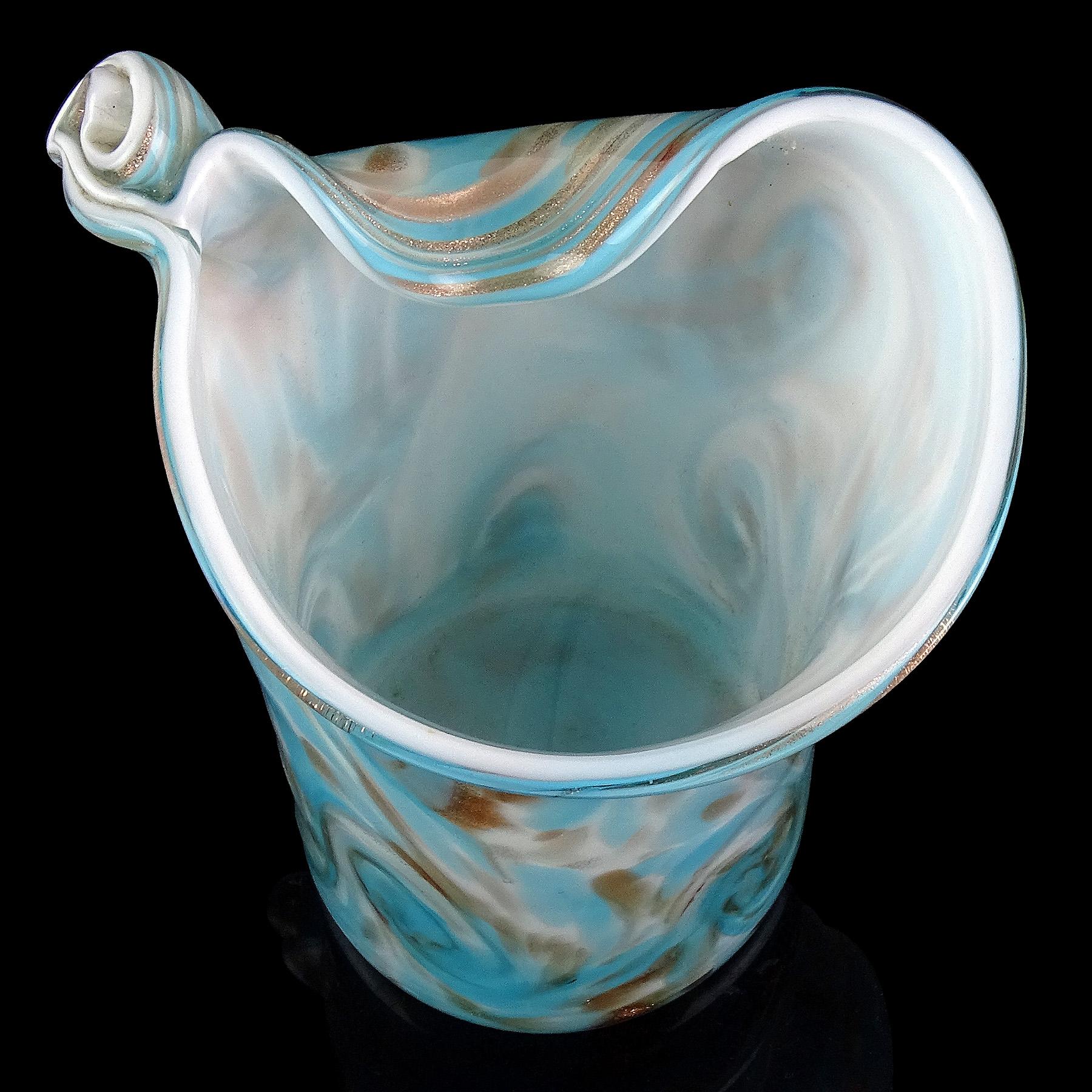 Fratelli Toso Murano Blue Aventurine Swirl Clouds Italian Art Glass Flower Vase In Good Condition For Sale In Kissimmee, FL