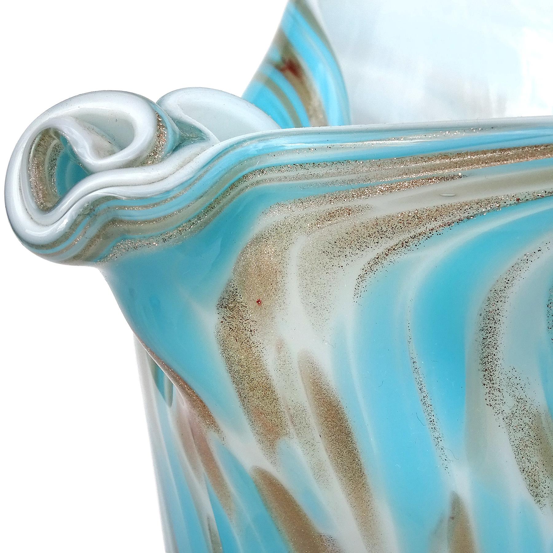 20th Century Fratelli Toso Murano Blue Aventurine Swirl Clouds Italian Art Glass Flower Vase For Sale