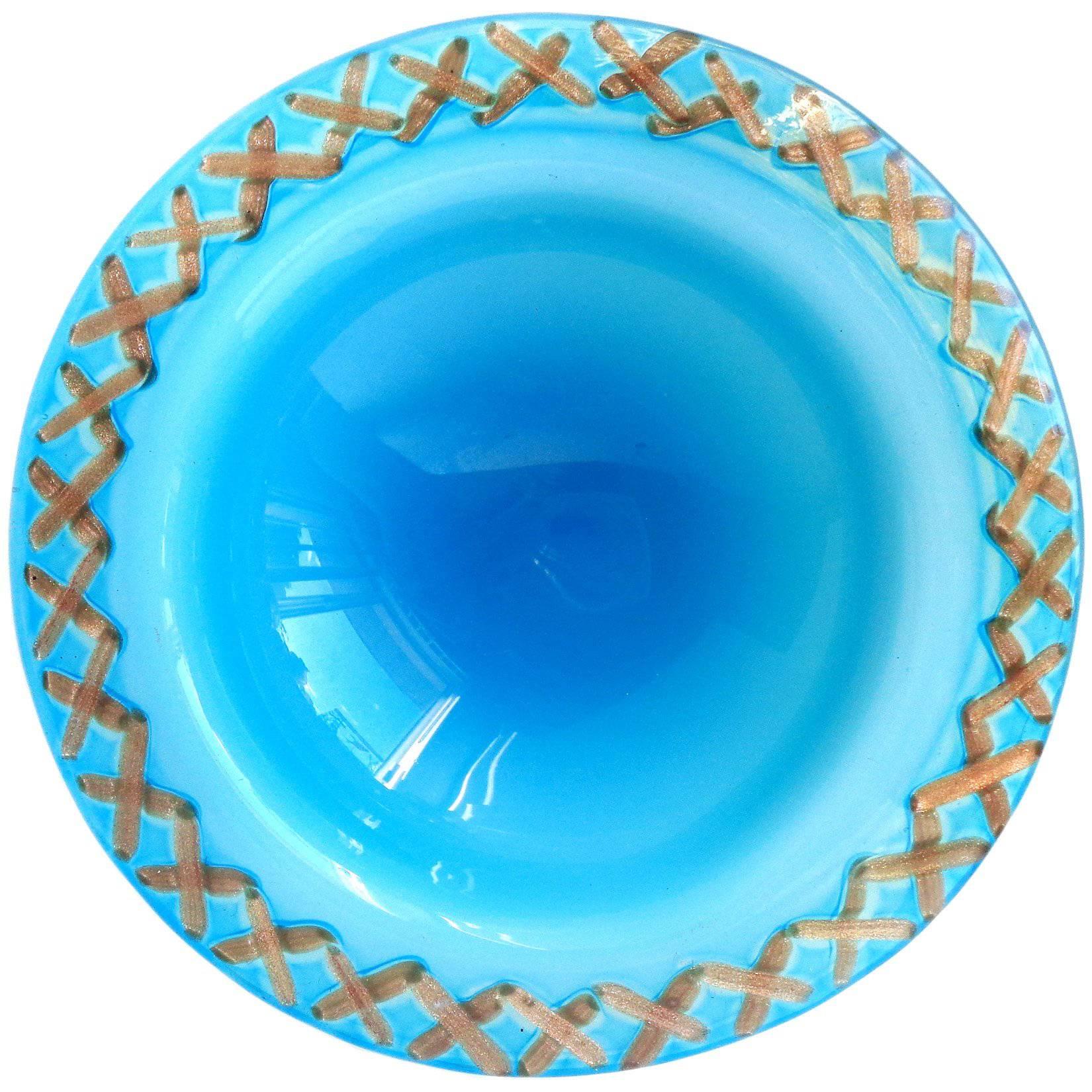 Fratelli Toso Murano Blue Cross Stitch Rim Opalescent Italian Art Glass Bowl