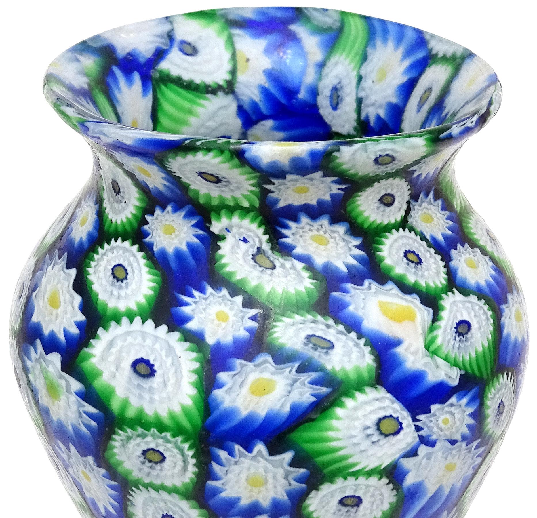Art Nouveau Fratelli Toso Murano Blue Green Millefiori Antique Italian Art Glass Flower Vase For Sale
