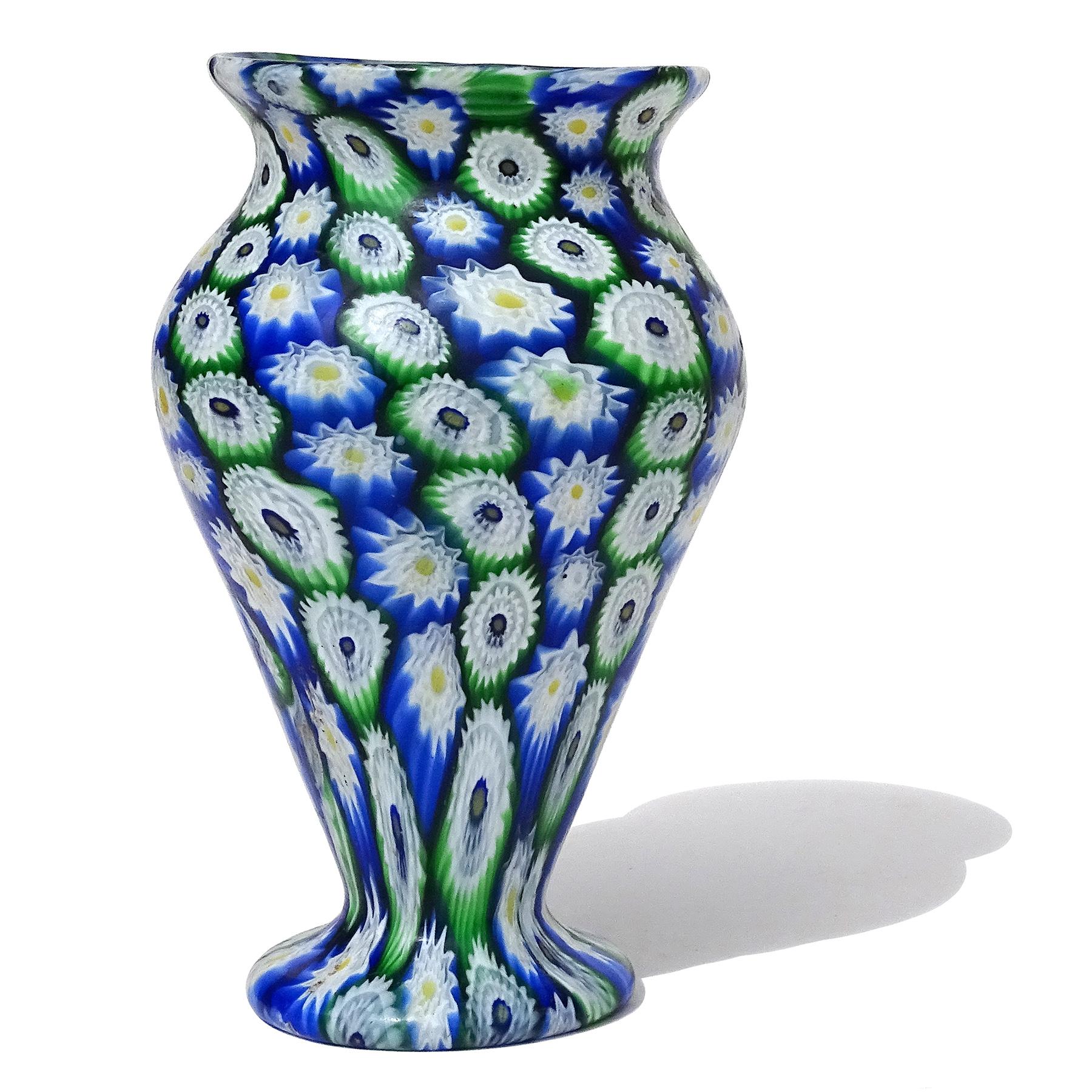Mosaic Fratelli Toso Murano Blue Green Millefiori Antique Italian Art Glass Flower Vase For Sale
