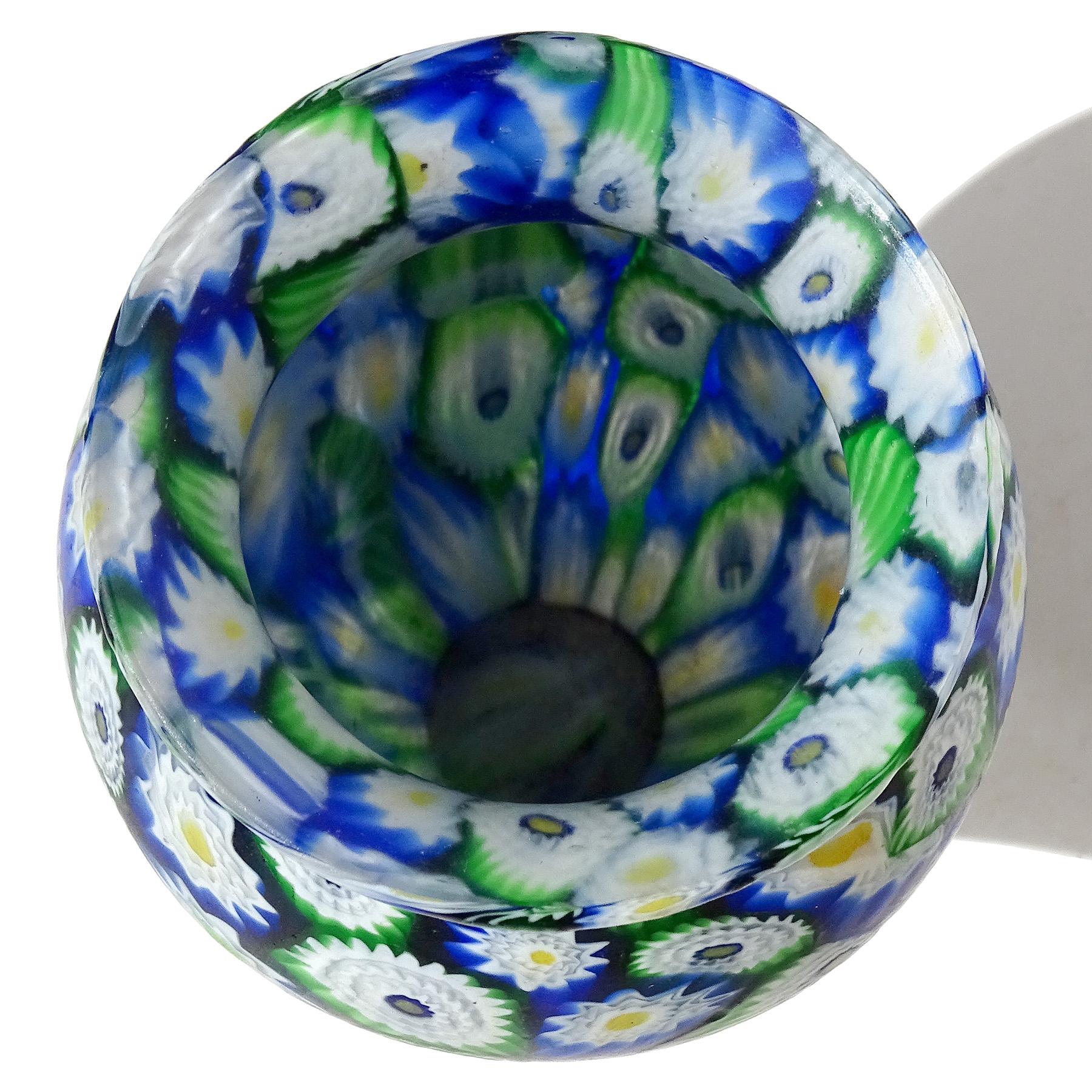 20th Century Fratelli Toso Murano Blue Green Millefiori Antique Italian Art Glass Flower Vase For Sale