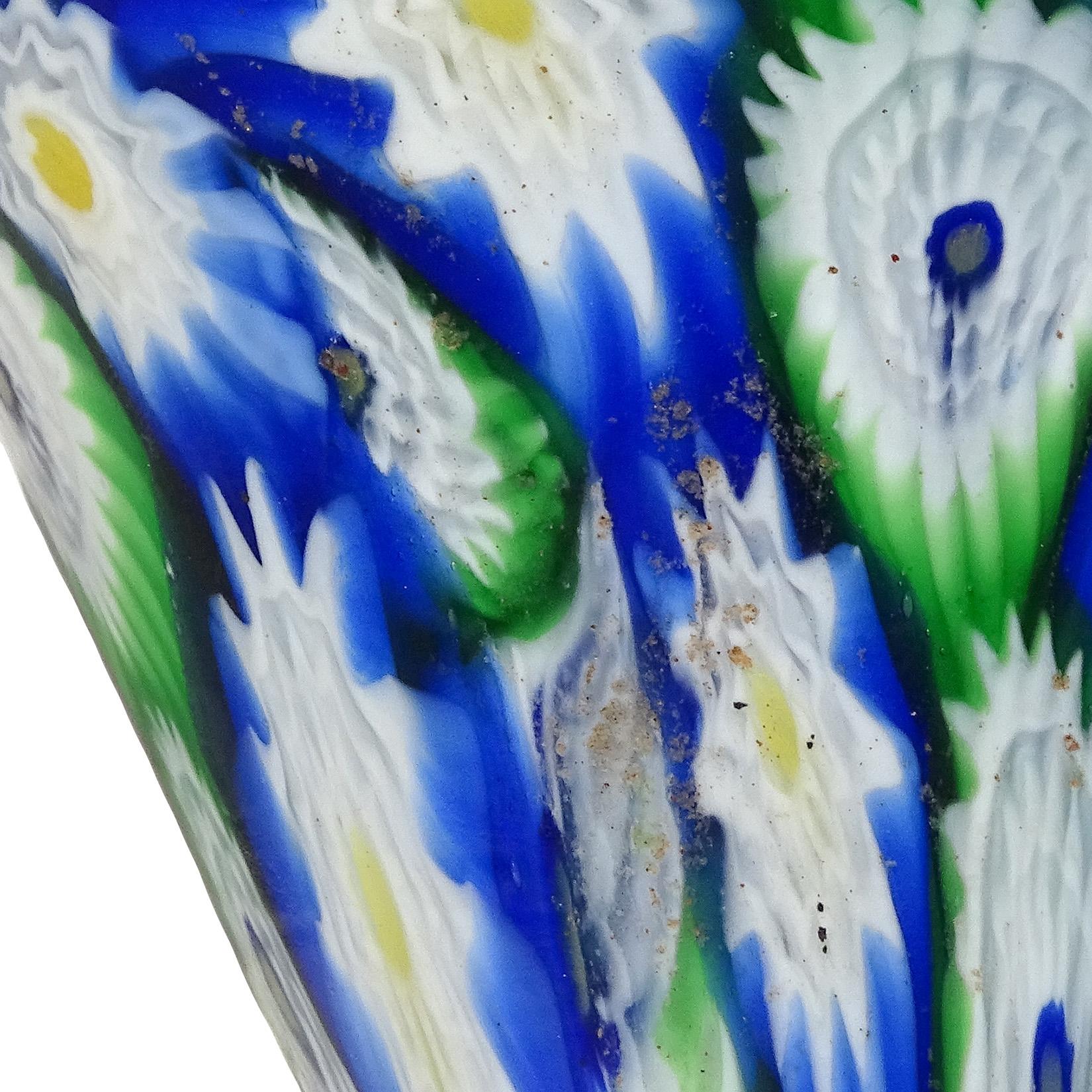 Fratelli Toso Murano Blue Green Millefiori Antique Italian Art Glass Flower Vase For Sale 1