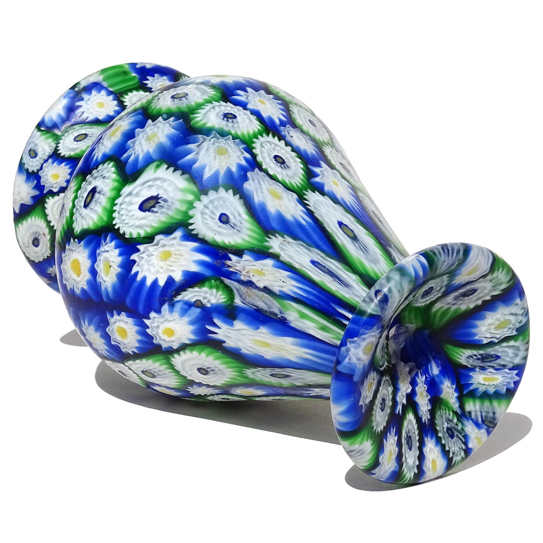 Fratelli Toso Murano Blue Green Millefiori Antique Italian Art Glass Flower Vase For Sale 2