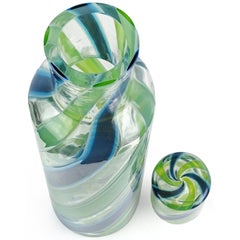 Fratelli Toso Murano Blue Green Stripe Ribbons Italian Art Glass Decanter