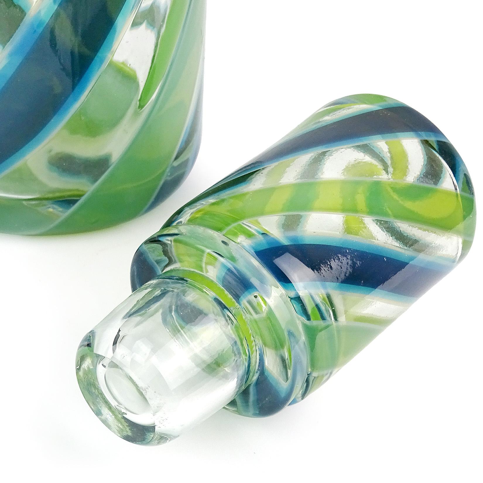 Mid-Century Modern Fratelli Toso Murano Blue Green Stripe Ribbons Italian Art Glass Decanter