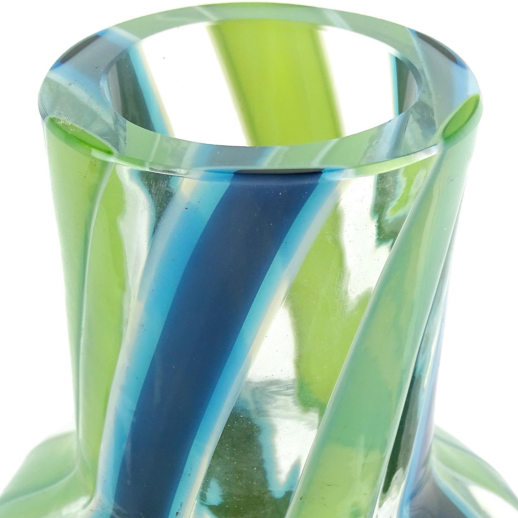 Hand-Crafted Fratelli Toso Murano Blue Green Stripe Ribbons Italian Art Glass Decanter