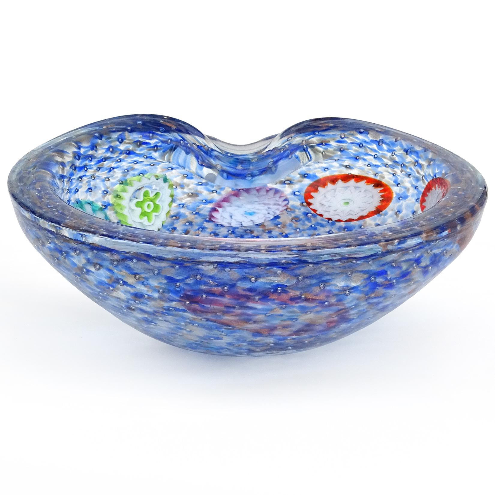 Mid-Century Modern Fratelli Toso Murano Blue Millefiori Copper Aventurine Italian Art Glass Bowl