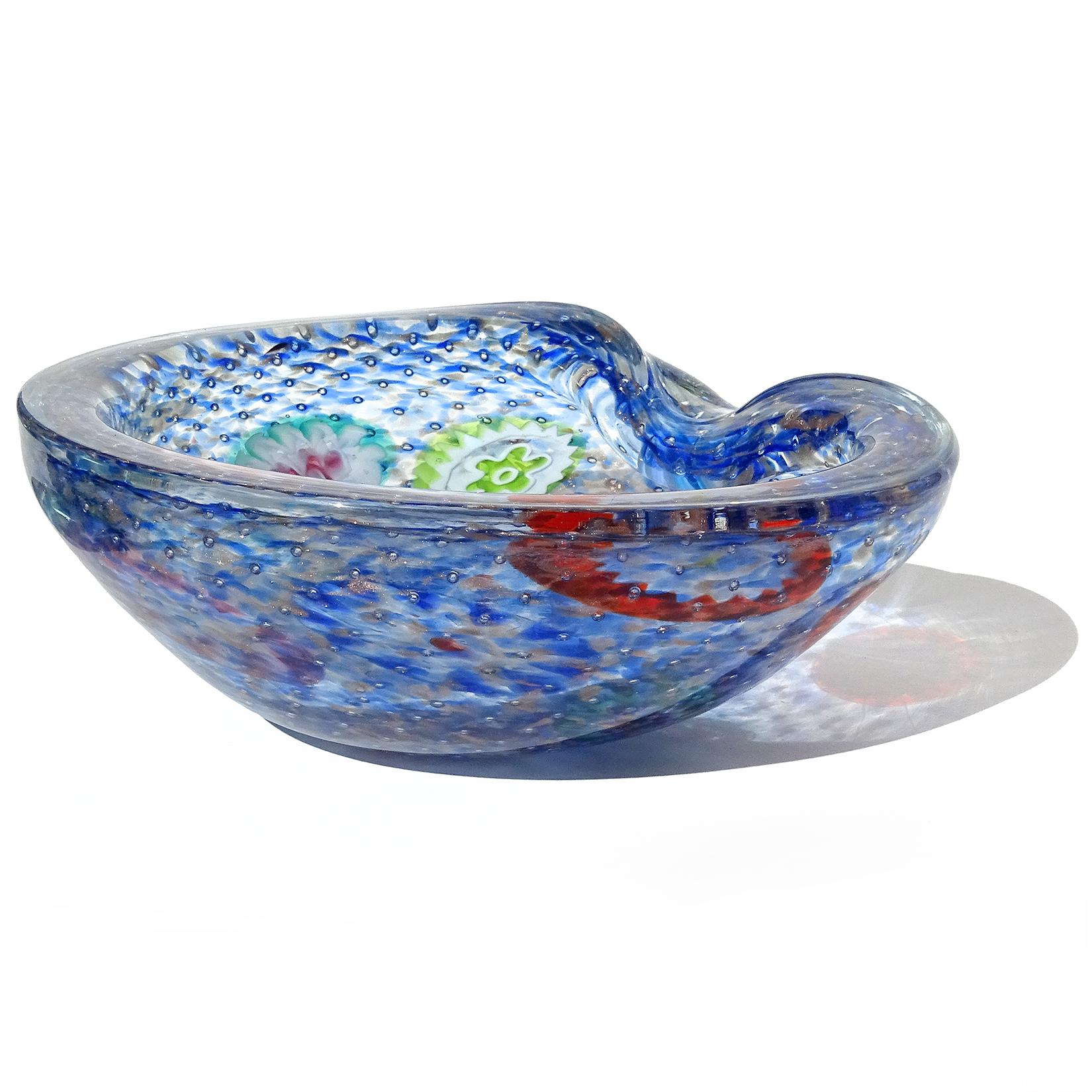Hand-Crafted Fratelli Toso Murano Blue Millefiori Copper Aventurine Italian Art Glass Bowl