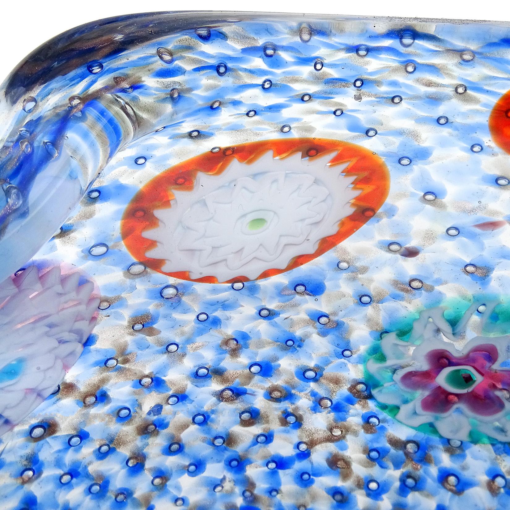 20th Century Fratelli Toso Murano Blue Millefiori Copper Aventurine Italian Art Glass Bowl