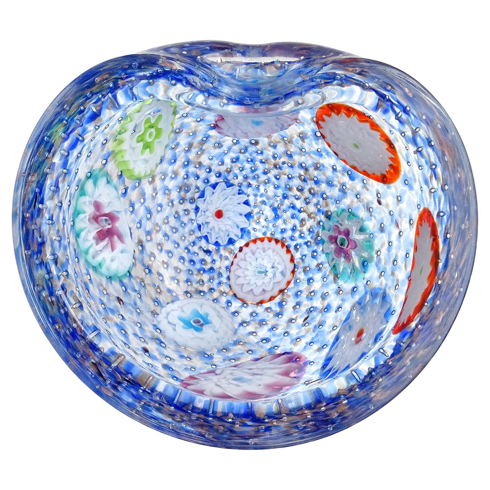 Fratelli Toso Murano Blue Millefiori Copper Aventurine Italian Art Glass Bowl