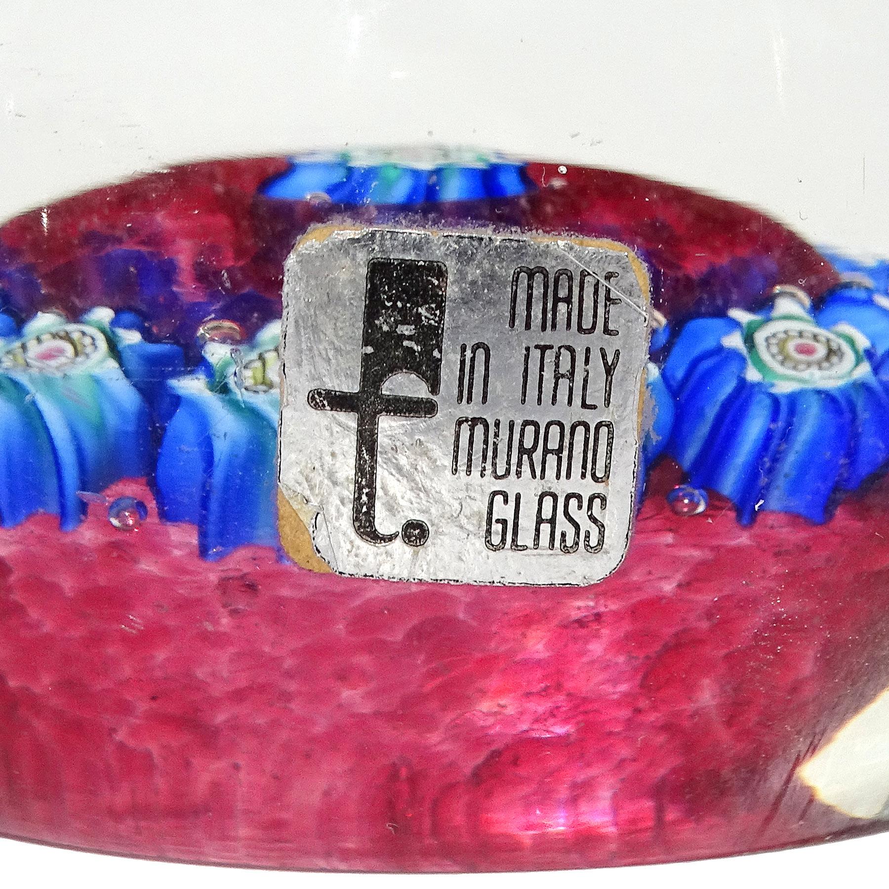 Fratelli Toso Murano Blue Millefiori Flower Italian Art Glass Paperweights For Sale 4