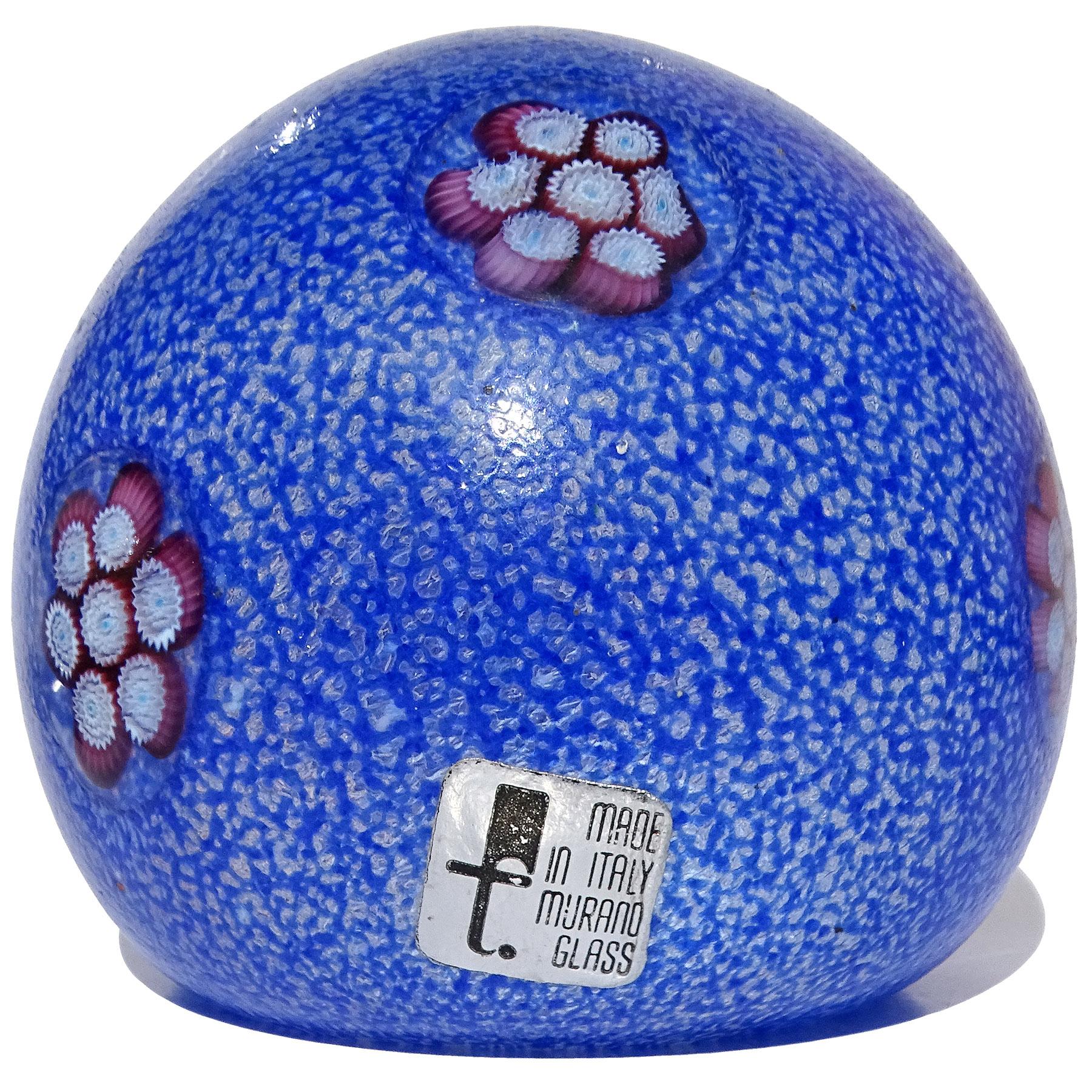 Mid-Century Modern Fratelli Toso Murano Blue Millefiori Flower Italian Art Glass Paperweights For Sale