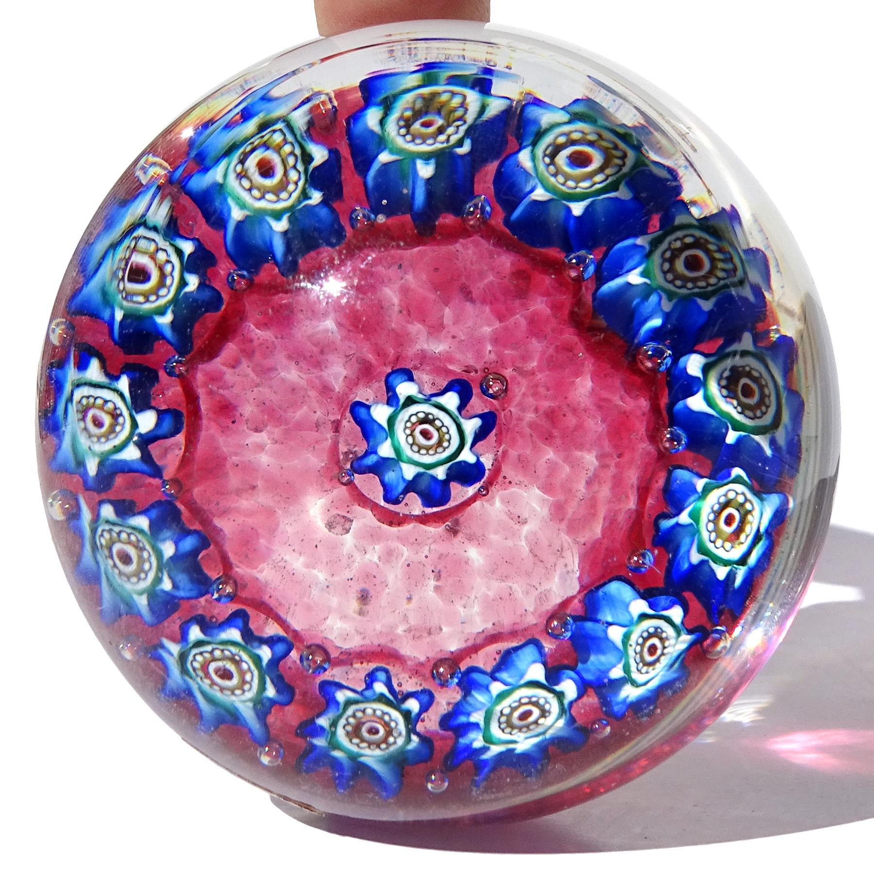 Hand-Crafted Fratelli Toso Murano Blue Millefiori Flower Italian Art Glass Paperweights For Sale
