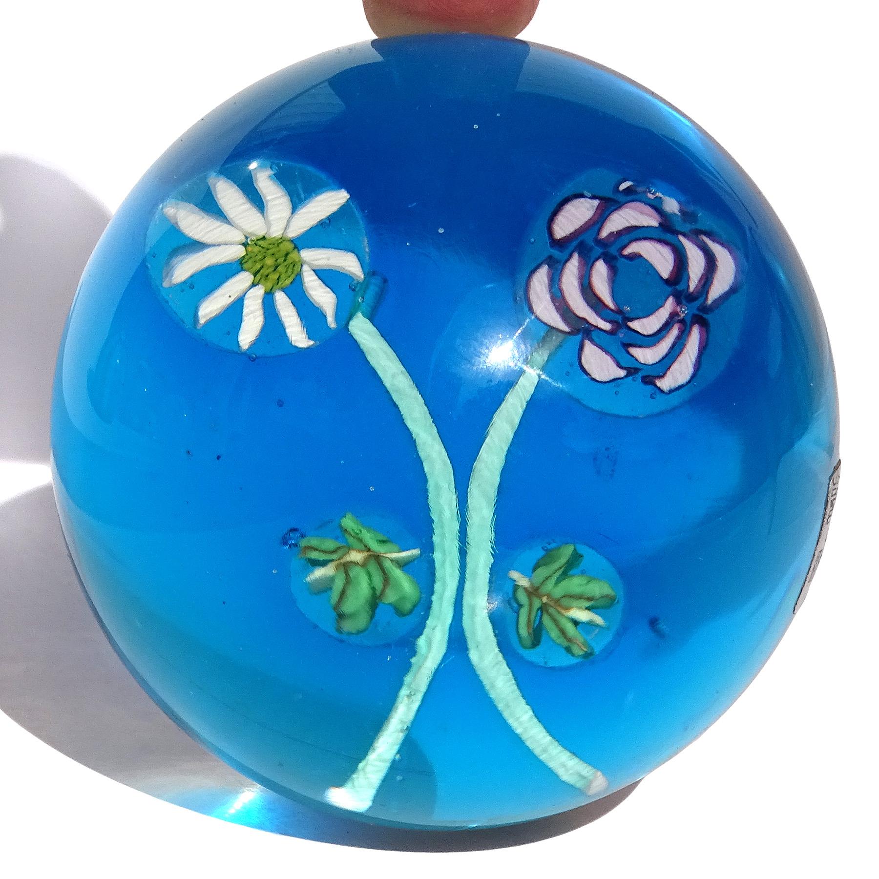 Fratelli Toso Murano Blue Millefiori Flower Italian Art Glass Paperweights In Good Condition For Sale In Kissimmee, FL