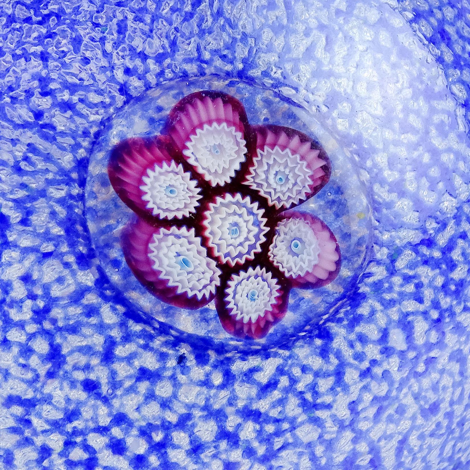 20th Century Fratelli Toso Murano Blue Millefiori Flower Italian Art Glass Paperweights For Sale
