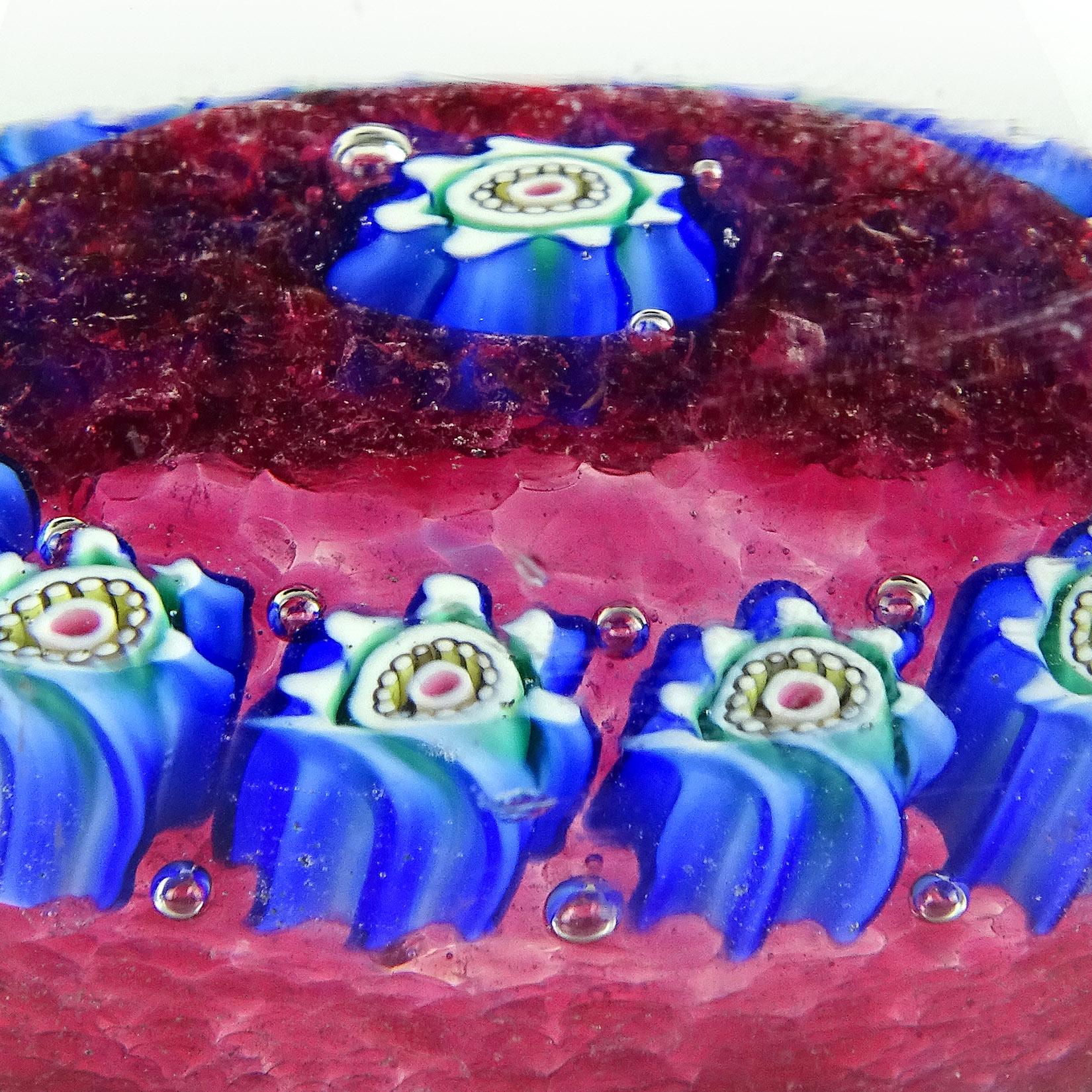 Fratelli Toso Murano Blue Millefiori Flower Italian Art Glass Paperweights For Sale 1