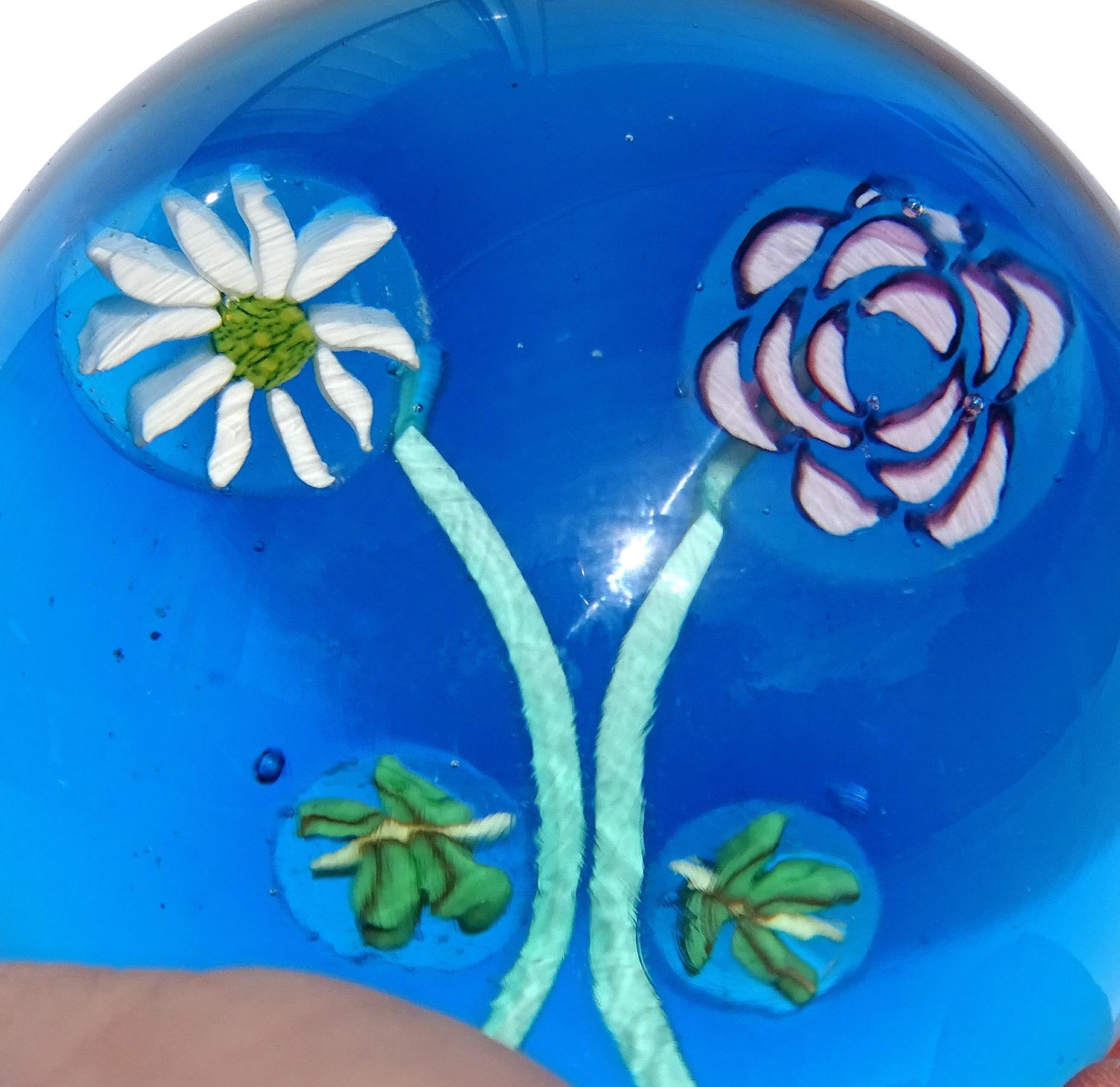 Fratelli Toso Murano Blue Millefiori Flower Italian Art Glass Paperweights For Sale 2