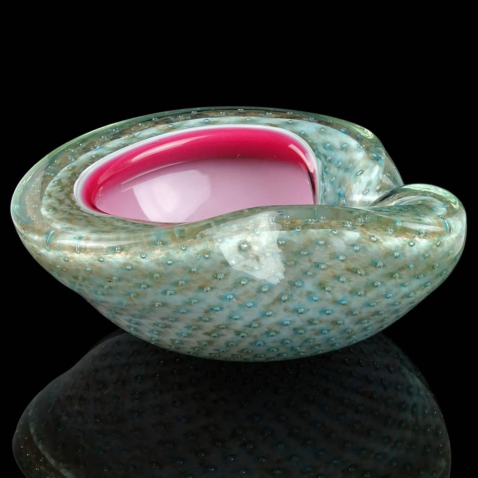 Mid-Century Modern Fratelli Toso Murano Blue Pink Copper Controlled Bubbles Italian Art Glass Bowl