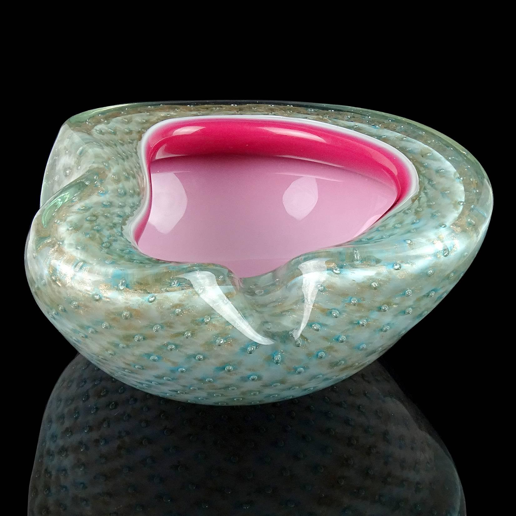 Hand-Crafted Fratelli Toso Murano Blue Pink Copper Controlled Bubbles Italian Art Glass Bowl