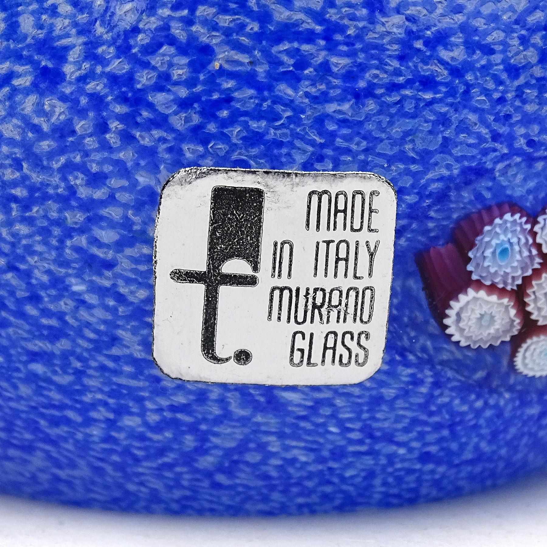 20th Century Fratelli Toso Murano Blue Purple Flowers Glass Italian Art Glass Paperweight For Sale