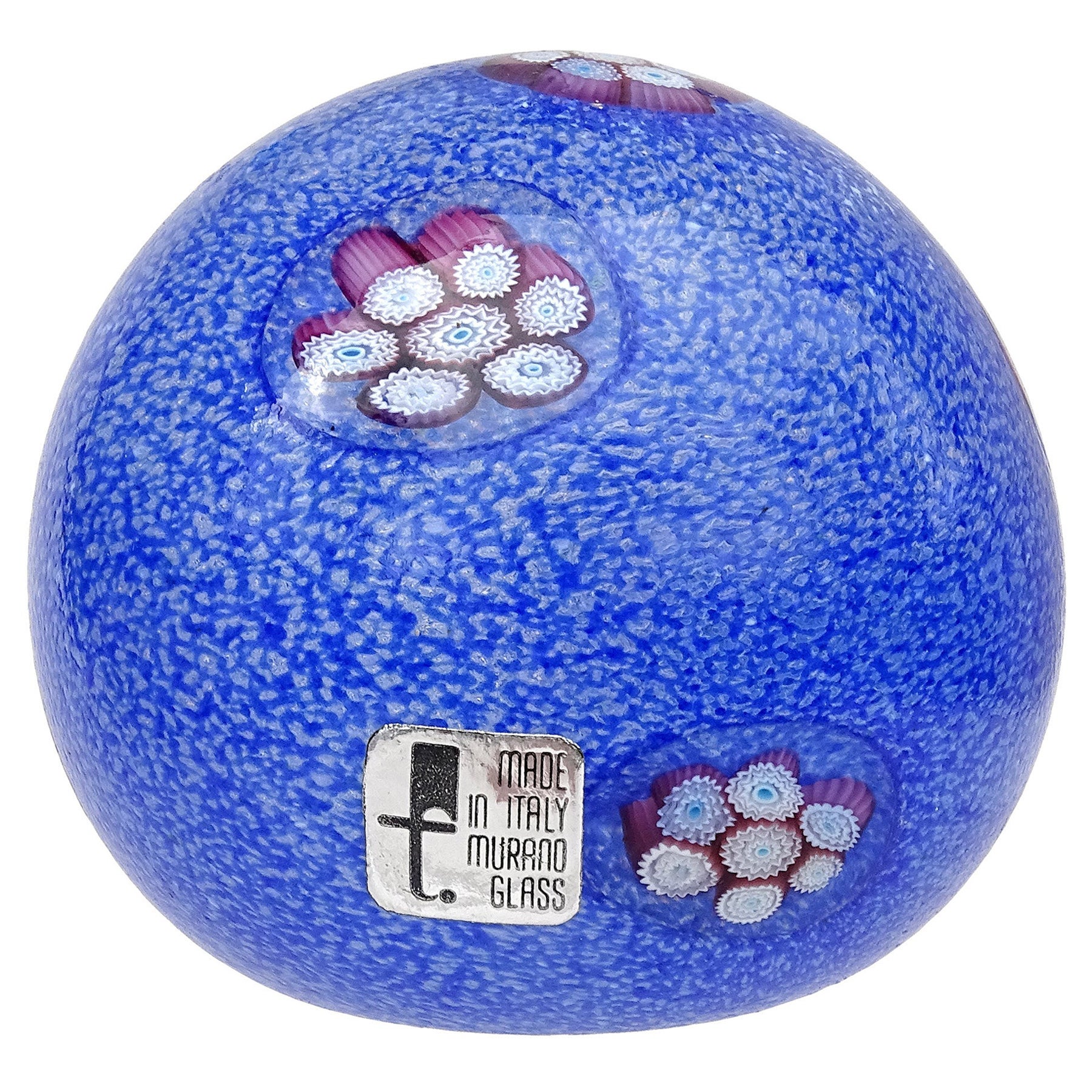 Fratelli Toso Murano-Briefbeschwerer mit blauen und violetten Blumen aus italienischem Kunstglas