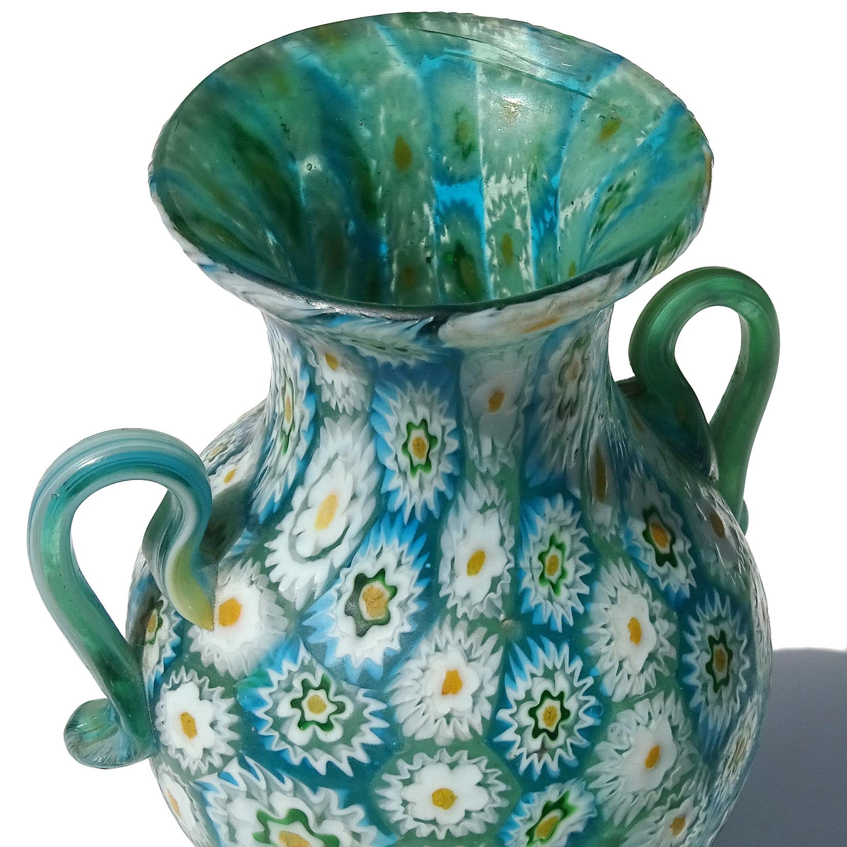 Art Nouveau Fratelli Toso Murano Blue White Millefiori Antique Italian Art Glass Flower Vase