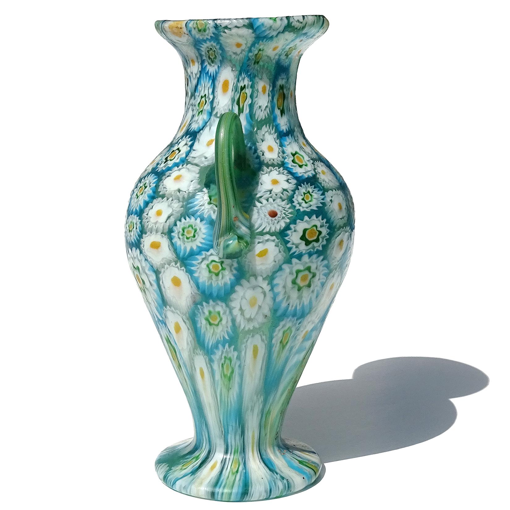 Hand-Crafted Fratelli Toso Murano Blue White Millefiori Antique Italian Art Glass Flower Vase
