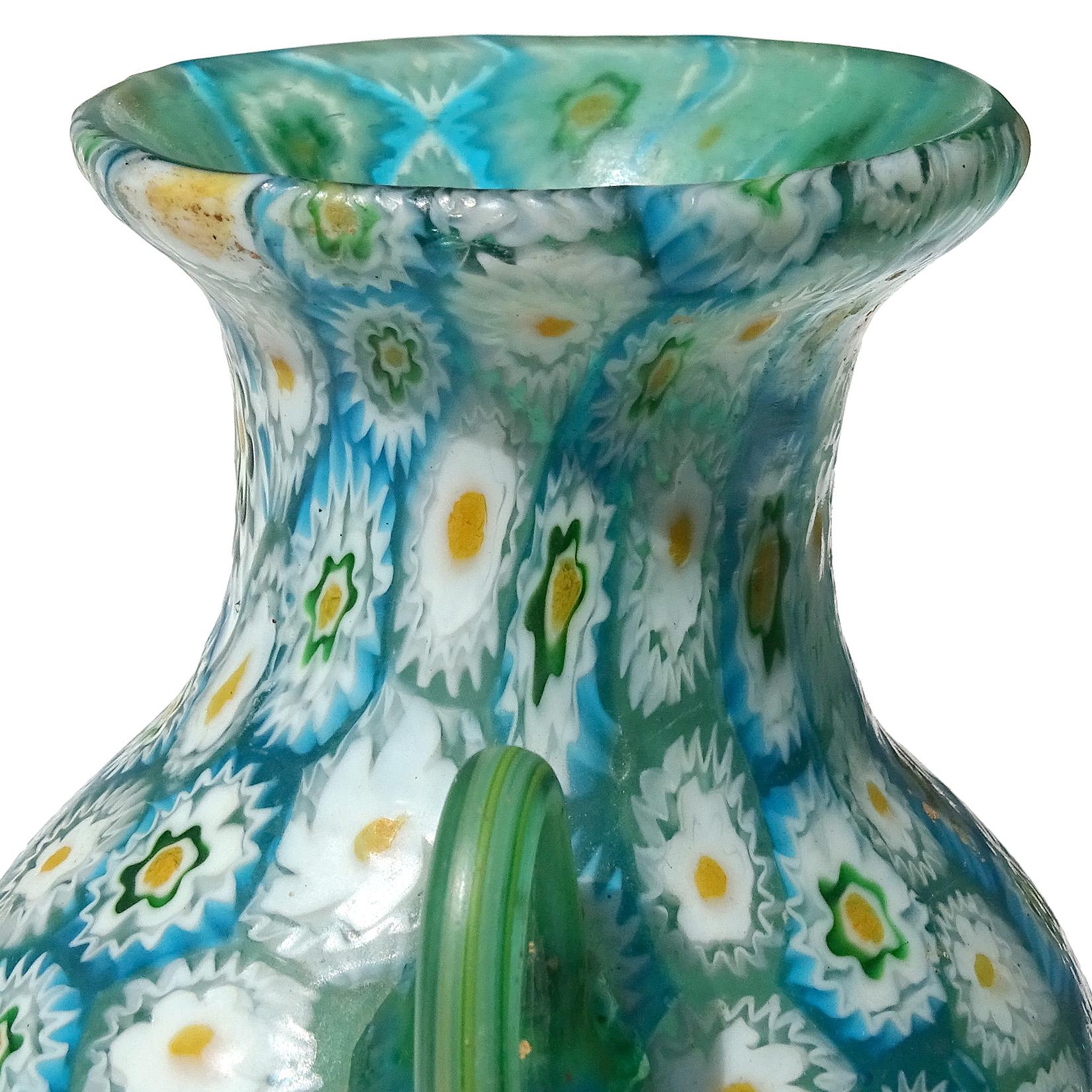 Fratelli Toso Murano Blue White Millefiori Antique Italian Art Glass Flower Vase In Good Condition In Kissimmee, FL