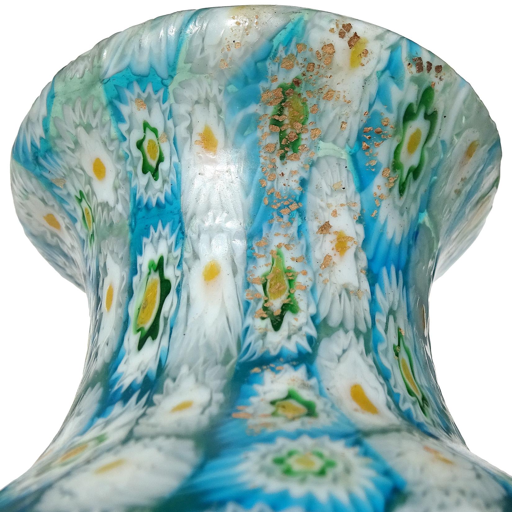 20th Century Fratelli Toso Murano Blue White Millefiori Antique Italian Art Glass Flower Vase