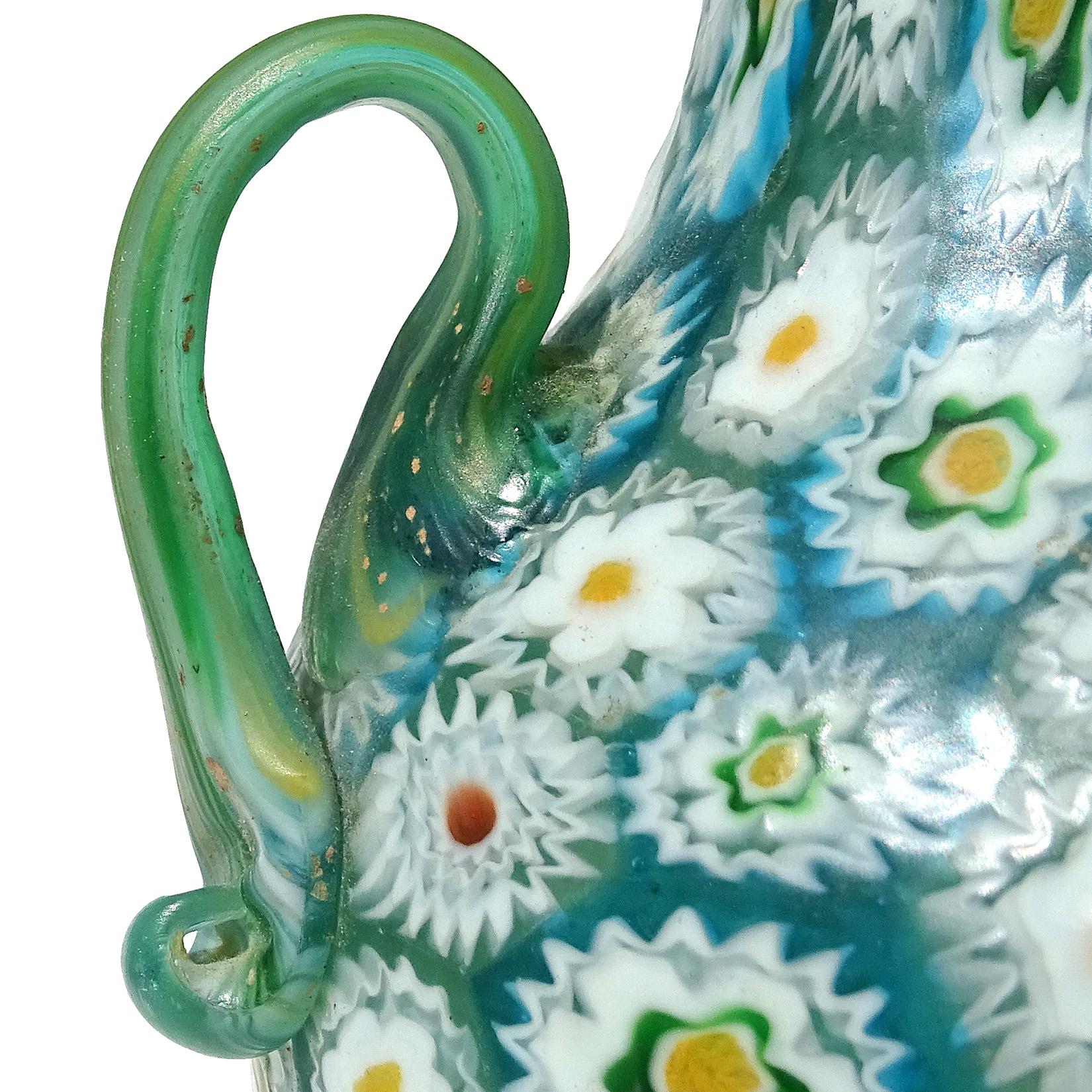 Fratelli Toso Murano Blue White Millefiori Antique Italian Art Glass Flower Vase 2