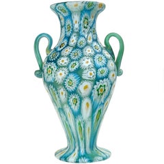 Fratelli Toso Murano Blue White Millefiori Antique Italian Art Glass Flower Vase