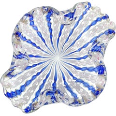 Fratelli Toso Murano Blue White Pink Aventurine Ribbons Italian Art Glass Bowl