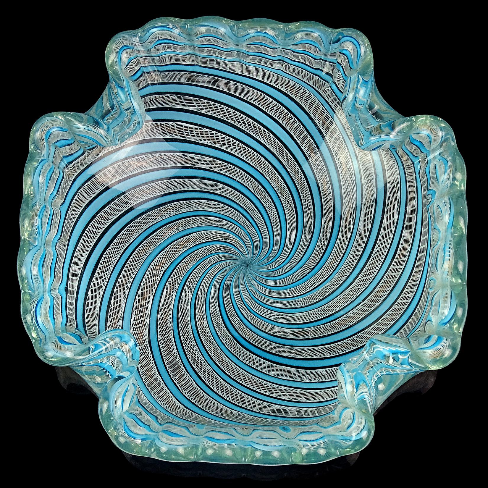 Mid-Century Modern Fratelli Toso Murano Blue Zanfirico Ribbons Gold Flecks Italian Art Glass Bowl