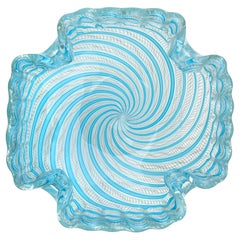 Fratelli Toso Murano Blue Zanfirico Ribbons Gold Flecks Italian Art Glass Bowl