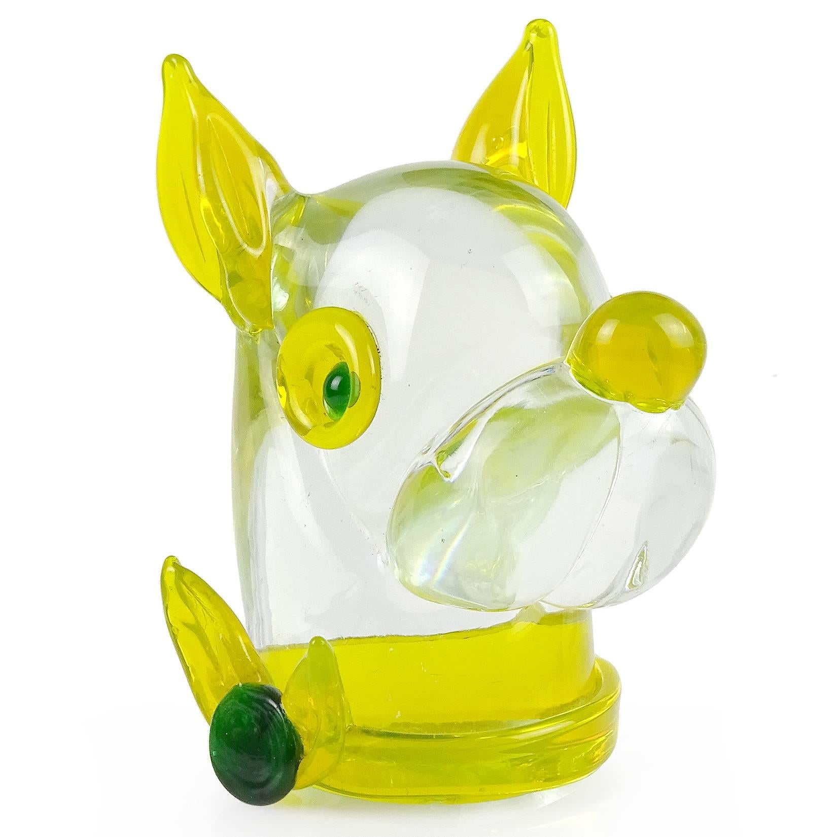 Cute vintage Murano hand blown clear Italian art glass puppy dog head sculpture / paperweight. Documented to the Fratelli Toso Company. The dog has a tied handkerchief around its neck, with yellow and green accents. Original Murano label still