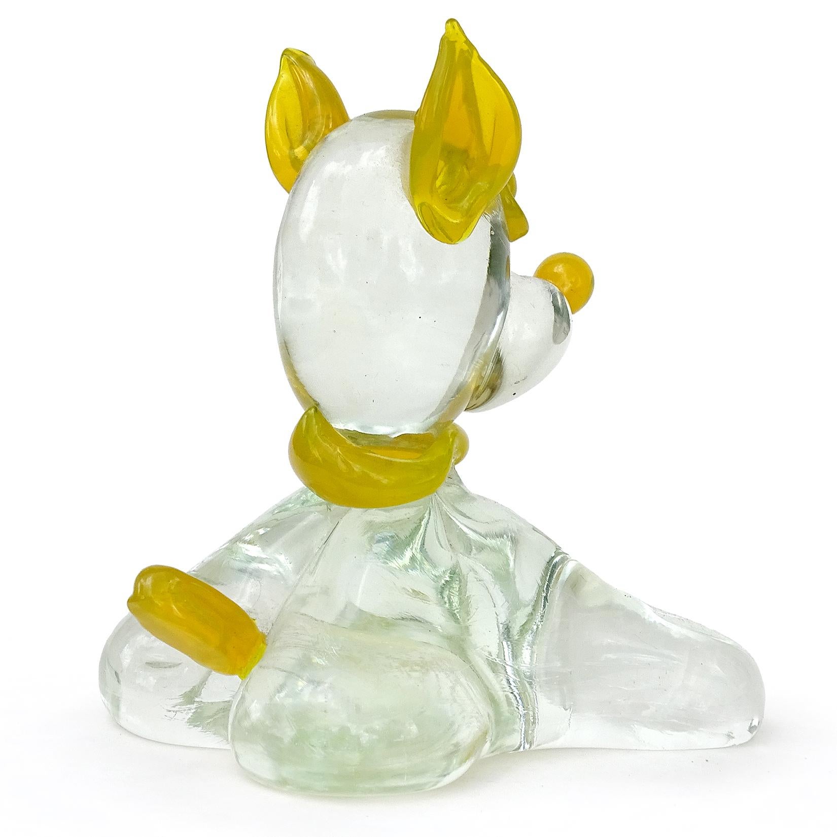Cute vintage Murano hand blown yellow and clear Italian art glass puppy dog sculpture / paperweight. Documented to the Fratelli Toso company. It still retains its original 