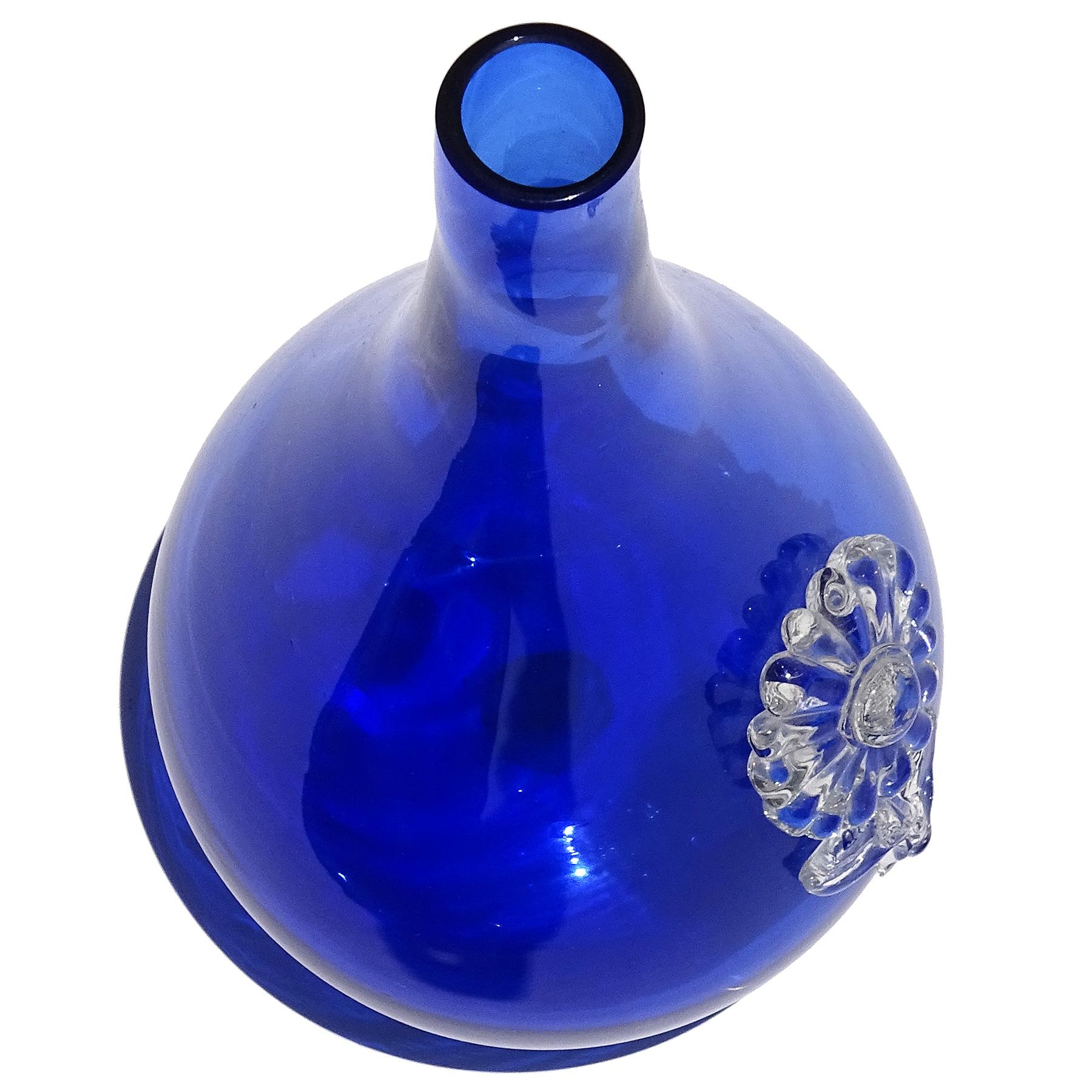 Hand-Crafted Fratelli Toso Murano Cobalt Blue Applied Clear Flower Italian Art Glass Vase For Sale