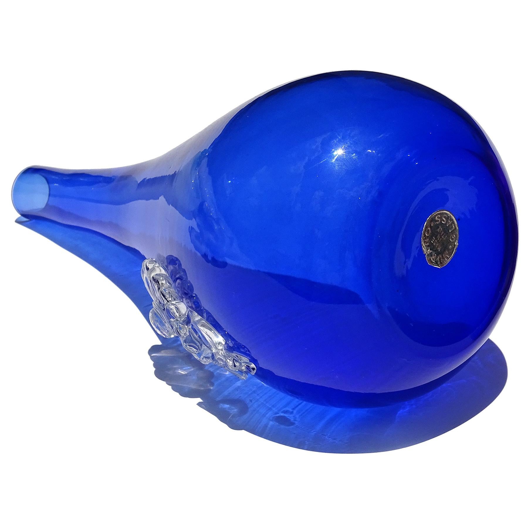 20th Century Fratelli Toso Murano Cobalt Blue Applied Clear Flower Italian Art Glass Vase For Sale