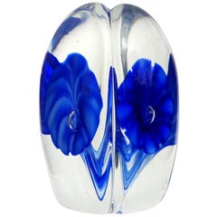Fratelli Toso Murano Cobalt Blue Flowers Italian Art Glass Tall Paperweight