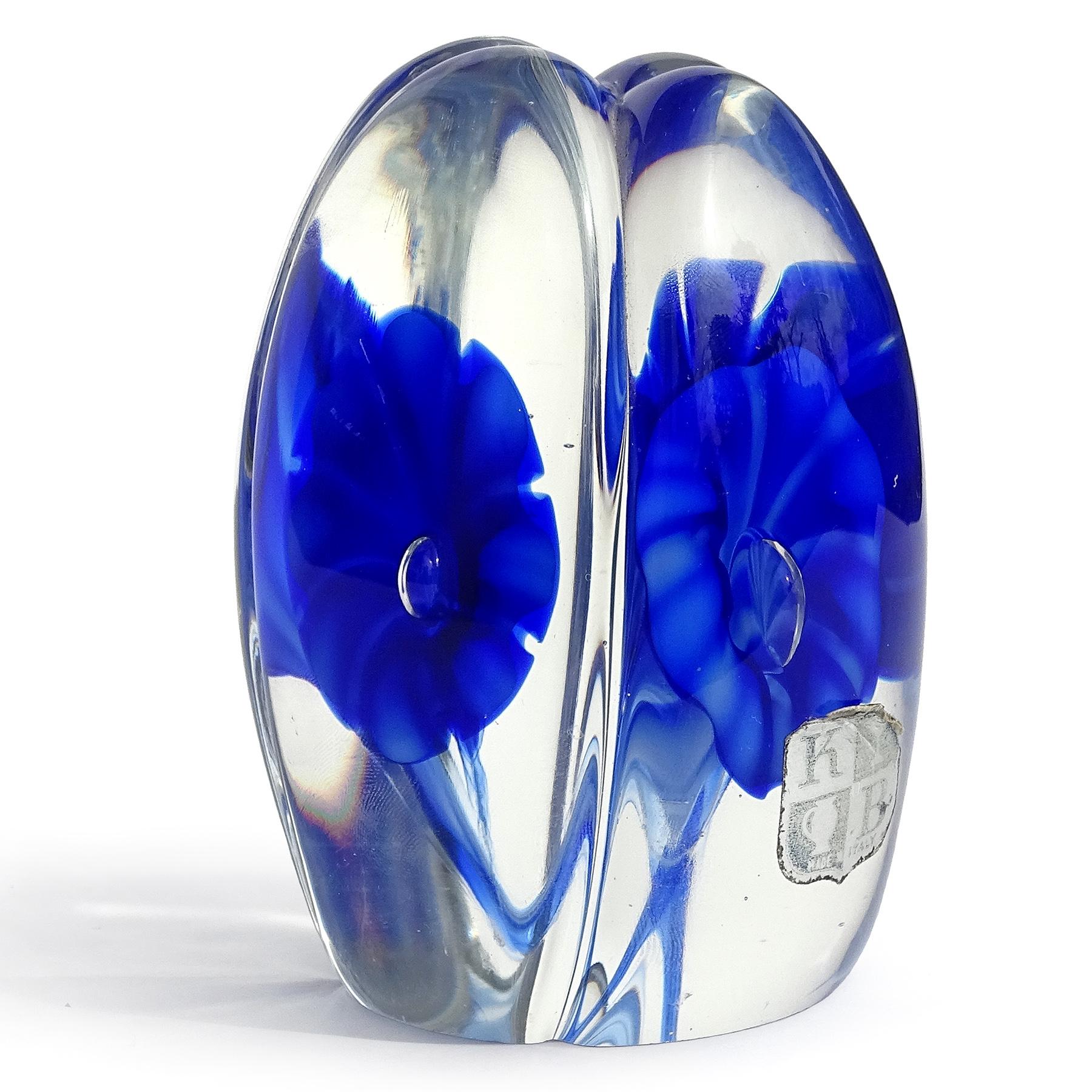 Mid-Century Modern Fratelli Toso Murano Cobalt Blue Flowers Italian Art Glass Tall Paperweight For Sale
