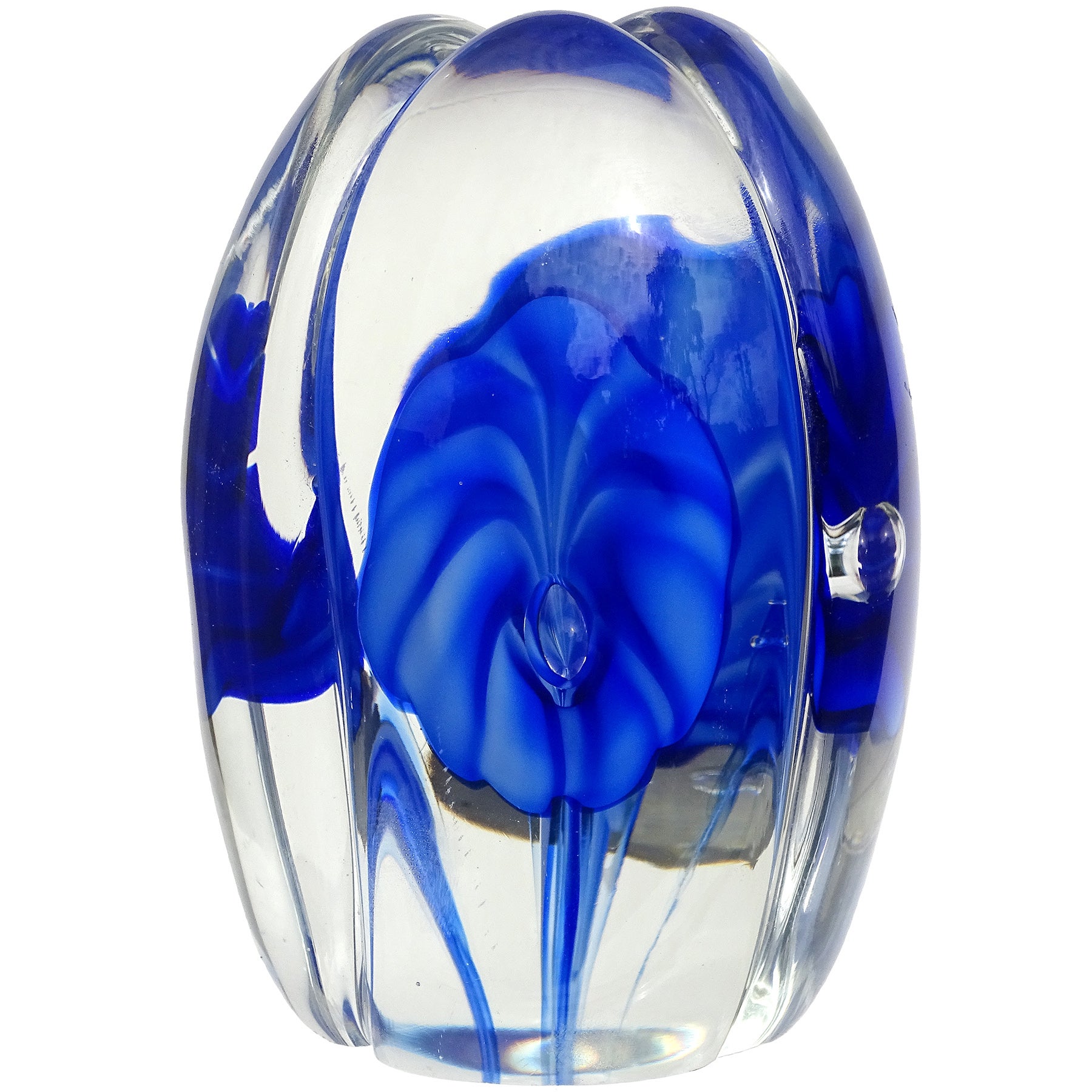 Fratelli Toso Murano Cobalt Blue Flowers Italian Art Glass Tall Paperweight For Sale
