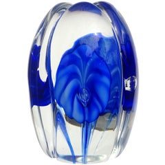 Vintage Fratelli Toso Murano Cobalt Blue Flowers Italian Art Glass Tall Paperweight